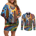 The Gold Coast Queensland Couples Matching Off Shoulder Short Dress and Long Sleeve Button Shirt Australian Landscapes Aboriginal Dot Painting
