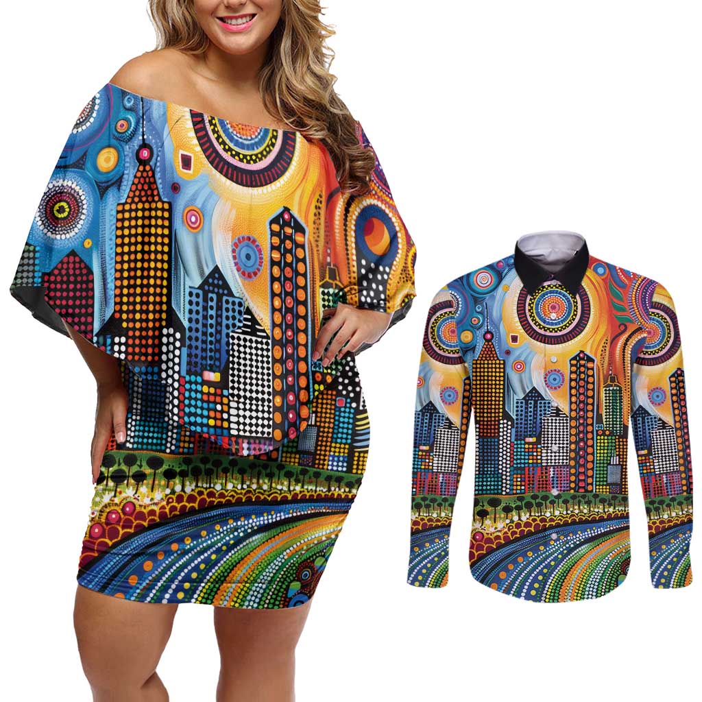 The Gold Coast Queensland Couples Matching Off Shoulder Short Dress and Long Sleeve Button Shirt Australian Landscapes Aboriginal Dot Painting