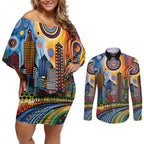 The Gold Coast Queensland Couples Matching Off Shoulder Short Dress and Long Sleeve Button Shirt Australian Landscapes Aboriginal Dot Painting