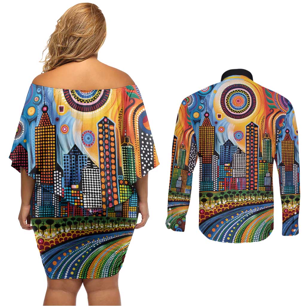 The Gold Coast Queensland Couples Matching Off Shoulder Short Dress and Long Sleeve Button Shirt Australian Landscapes Aboriginal Dot Painting