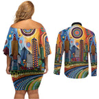 The Gold Coast Queensland Couples Matching Off Shoulder Short Dress and Long Sleeve Button Shirt Australian Landscapes Aboriginal Dot Painting