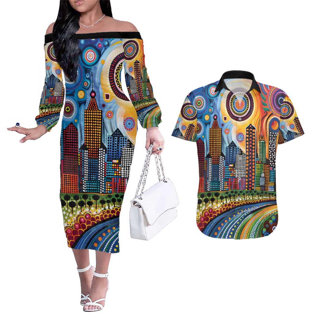 The Gold Coast Queensland Couples Matching Off The Shoulder Long Sleeve Dress and Hawaiian Shirt Australian Landscapes Aboriginal Dot Painting