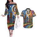 The Gold Coast Queensland Couples Matching Off The Shoulder Long Sleeve Dress and Hawaiian Shirt Australian Landscapes Aboriginal Dot Painting