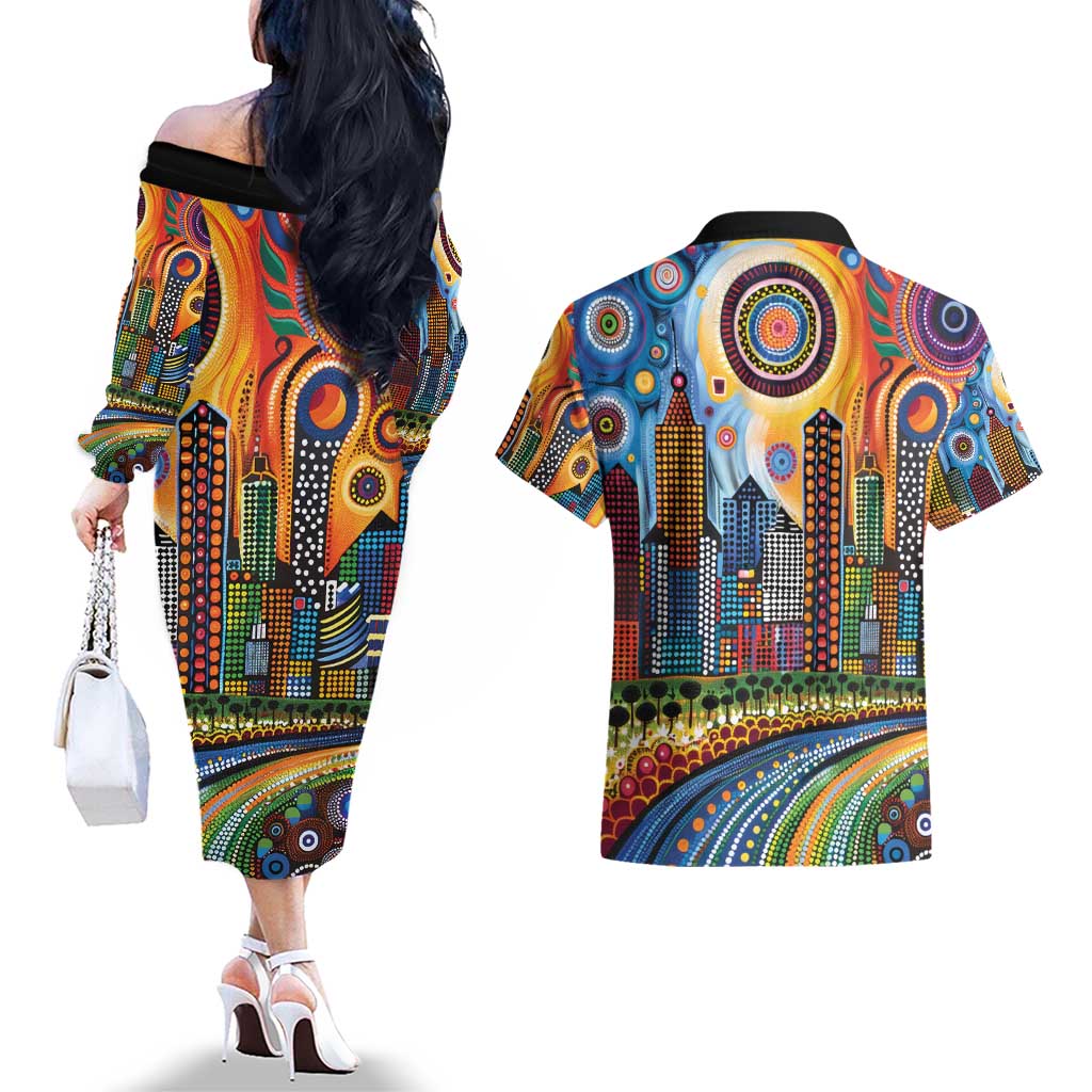 The Gold Coast Queensland Couples Matching Off The Shoulder Long Sleeve Dress and Hawaiian Shirt Australian Landscapes Aboriginal Dot Painting