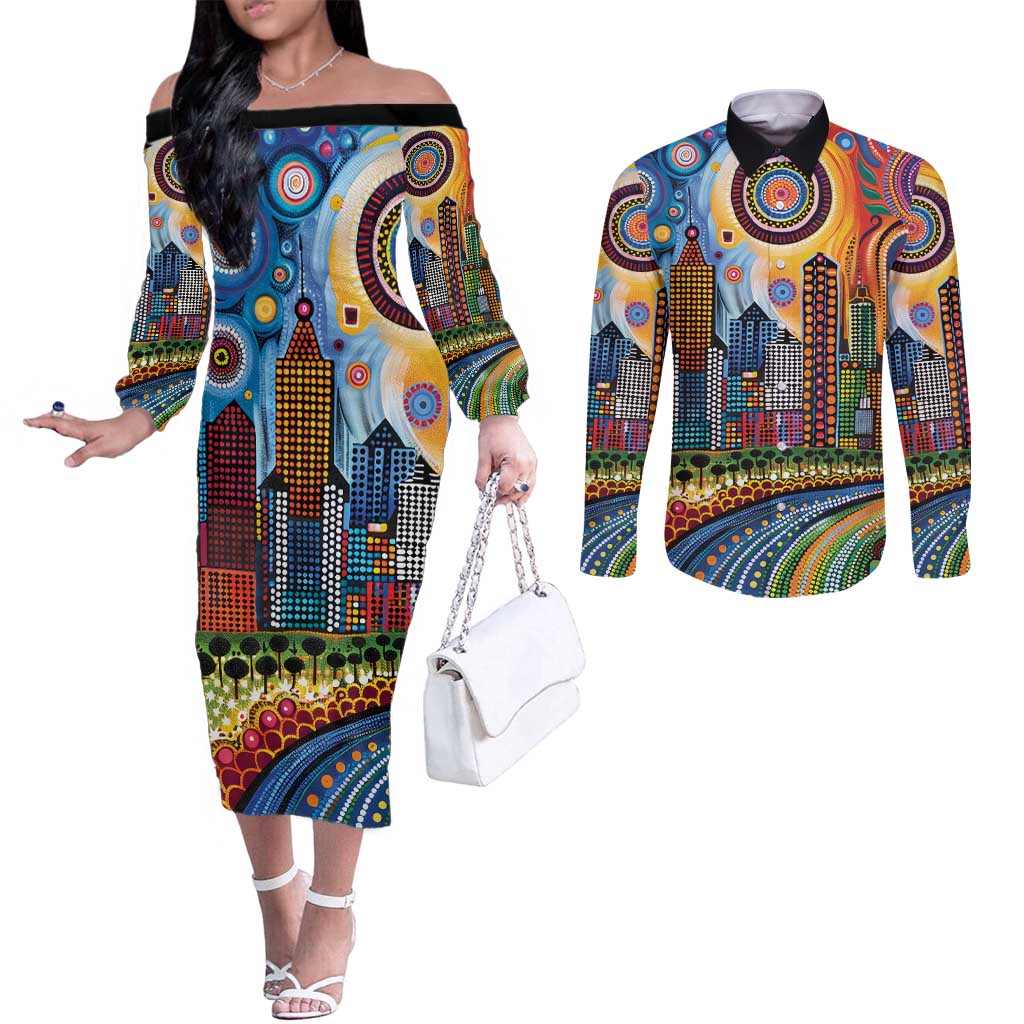 The Gold Coast Queensland Couples Matching Off The Shoulder Long Sleeve Dress and Long Sleeve Button Shirt Australian Landscapes Aboriginal Dot Painting