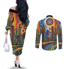 The Gold Coast Queensland Couples Matching Off The Shoulder Long Sleeve Dress and Long Sleeve Button Shirt Australian Landscapes Aboriginal Dot Painting