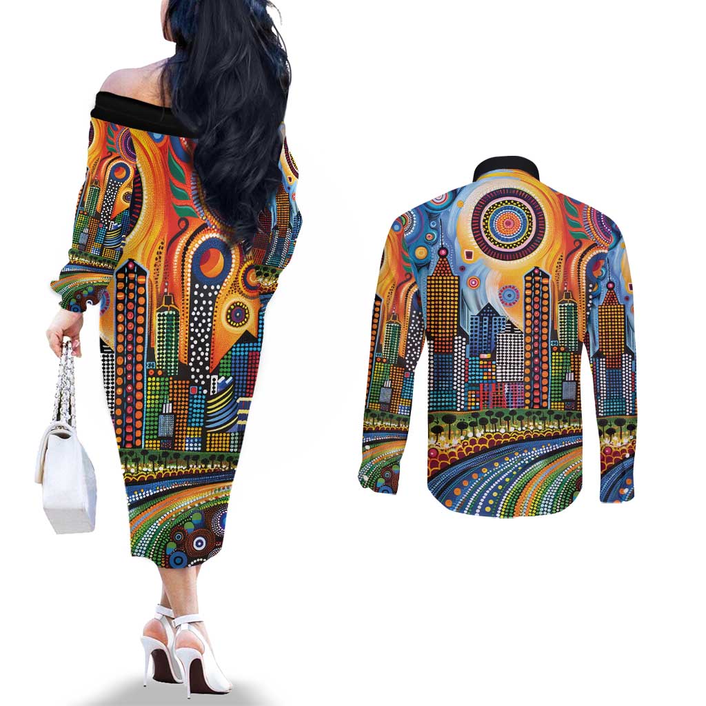 The Gold Coast Queensland Couples Matching Off The Shoulder Long Sleeve Dress and Long Sleeve Button Shirt Australian Landscapes Aboriginal Dot Painting