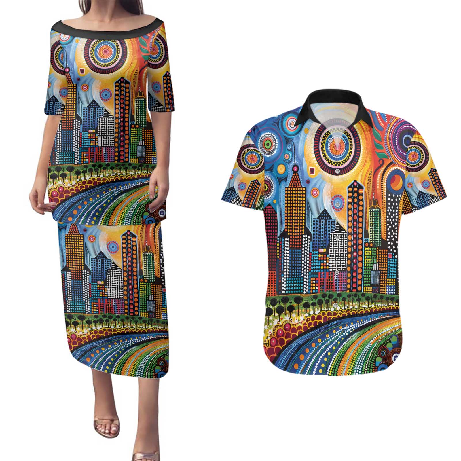 The Gold Coast Queensland Couples Matching Puletasi and Hawaiian Shirt Australian Landscapes Aboriginal Dot Painting