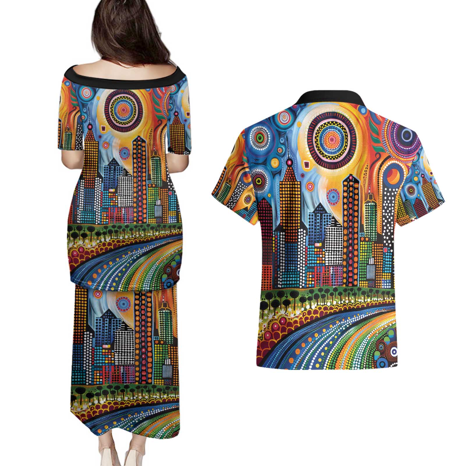 The Gold Coast Queensland Couples Matching Puletasi and Hawaiian Shirt Australian Landscapes Aboriginal Dot Painting
