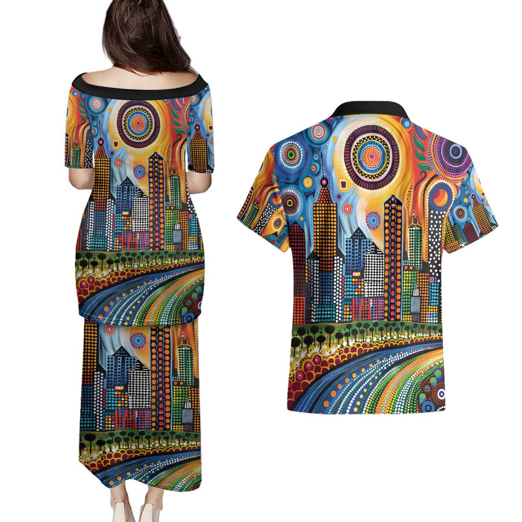 The Gold Coast Queensland Couples Matching Puletasi and Hawaiian Shirt Australian Landscapes Aboriginal Dot Painting
