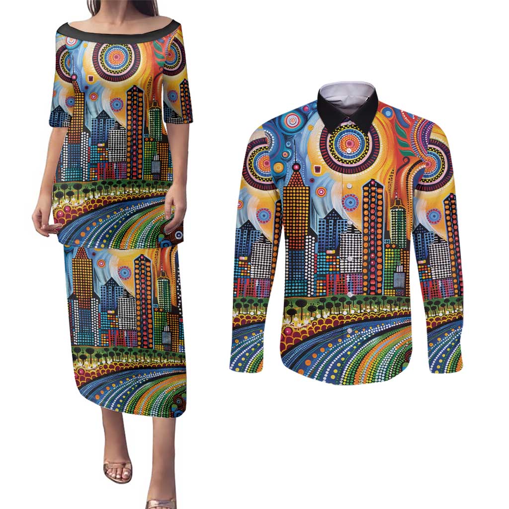 The Gold Coast Queensland Couples Matching Puletasi and Long Sleeve Button Shirt Australian Landscapes Aboriginal Dot Painting