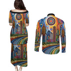 The Gold Coast Queensland Couples Matching Puletasi and Long Sleeve Button Shirt Australian Landscapes Aboriginal Dot Painting