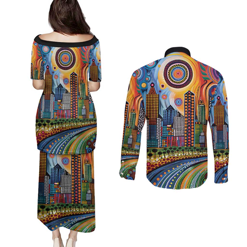 The Gold Coast Queensland Couples Matching Puletasi and Long Sleeve Button Shirt Australian Landscapes Aboriginal Dot Painting