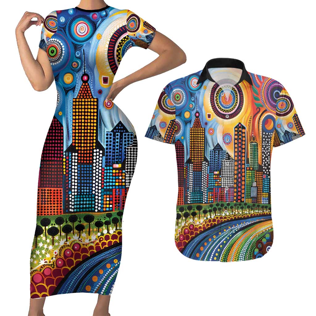 The Gold Coast Queensland Couples Matching Short Sleeve Bodycon Dress and Hawaiian Shirt Australian Landscapes Aboriginal Dot Painting
