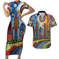 The Gold Coast Queensland Couples Matching Short Sleeve Bodycon Dress and Hawaiian Shirt Australian Landscapes Aboriginal Dot Painting