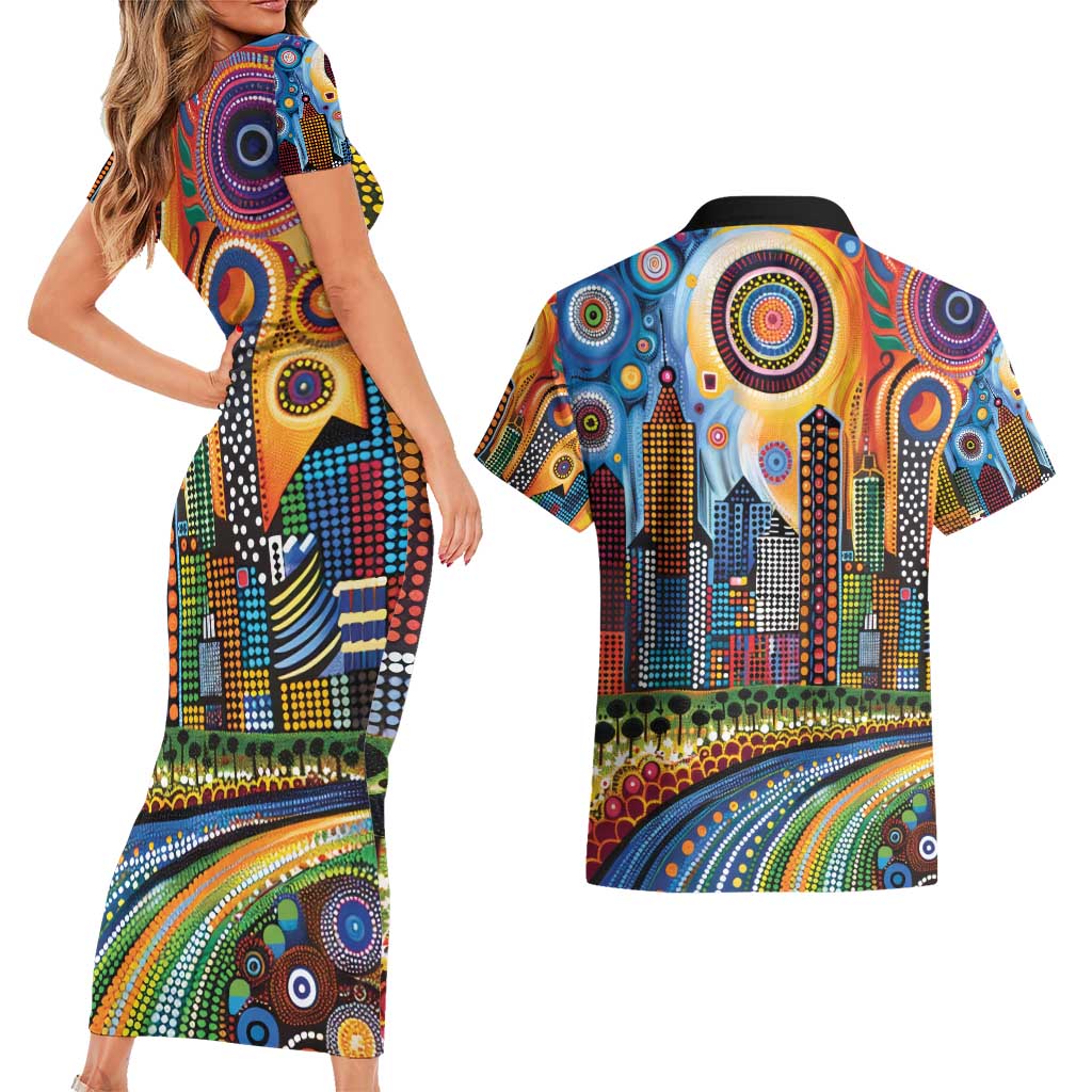 The Gold Coast Queensland Couples Matching Short Sleeve Bodycon Dress and Hawaiian Shirt Australian Landscapes Aboriginal Dot Painting