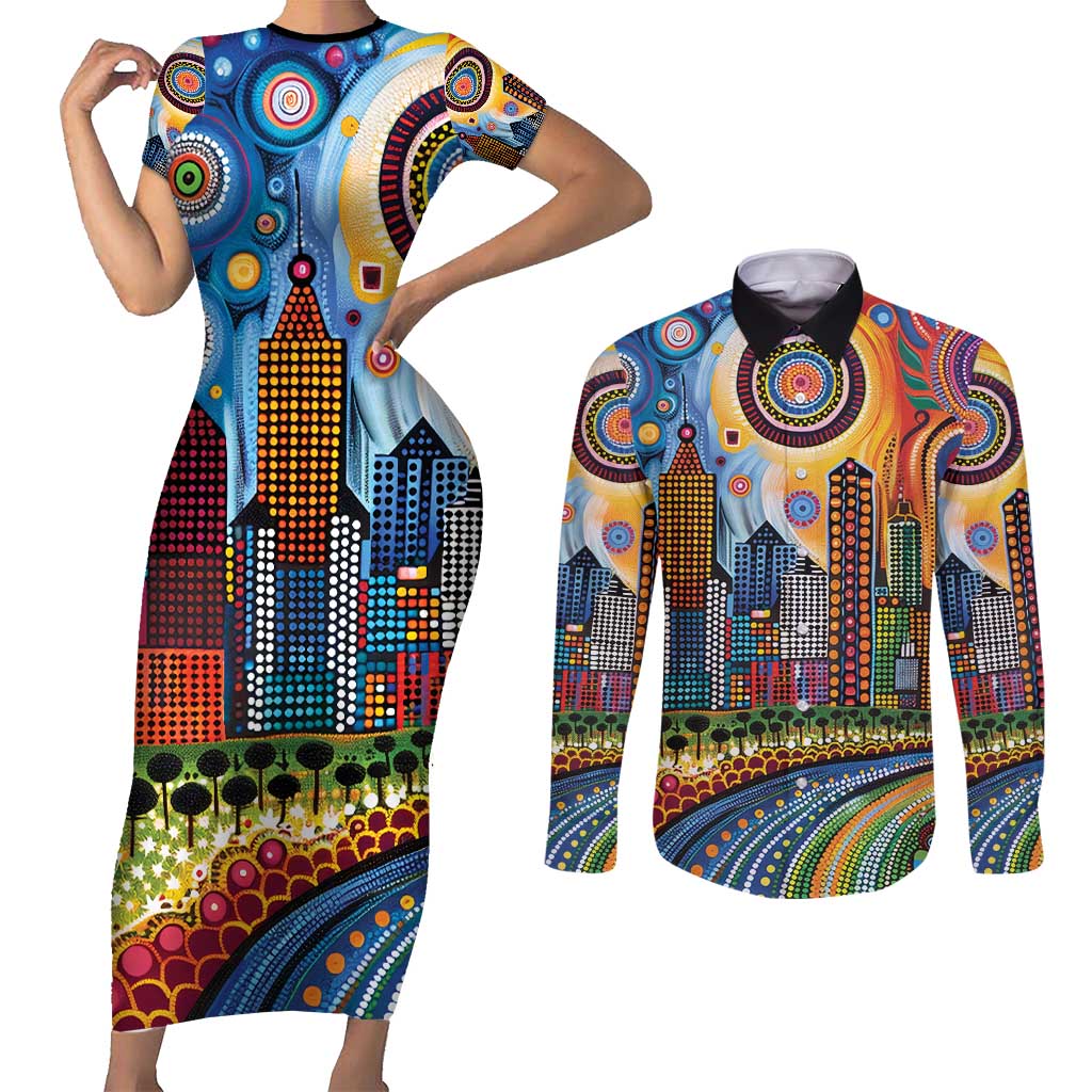 The Gold Coast Queensland Couples Matching Short Sleeve Bodycon Dress and Long Sleeve Button Shirt Australian Landscapes Aboriginal Dot Painting