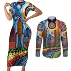 The Gold Coast Queensland Couples Matching Short Sleeve Bodycon Dress and Long Sleeve Button Shirt Australian Landscapes Aboriginal Dot Painting