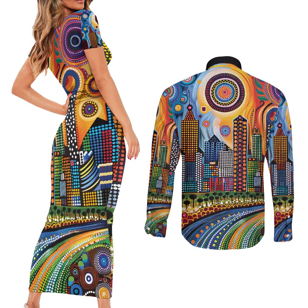 The Gold Coast Queensland Couples Matching Short Sleeve Bodycon Dress and Long Sleeve Button Shirt Australian Landscapes Aboriginal Dot Painting
