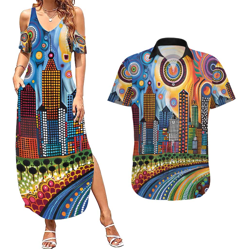 The Gold Coast Queensland Couples Matching Summer Maxi Dress and Hawaiian Shirt Australian Landscapes Aboriginal Dot Painting
