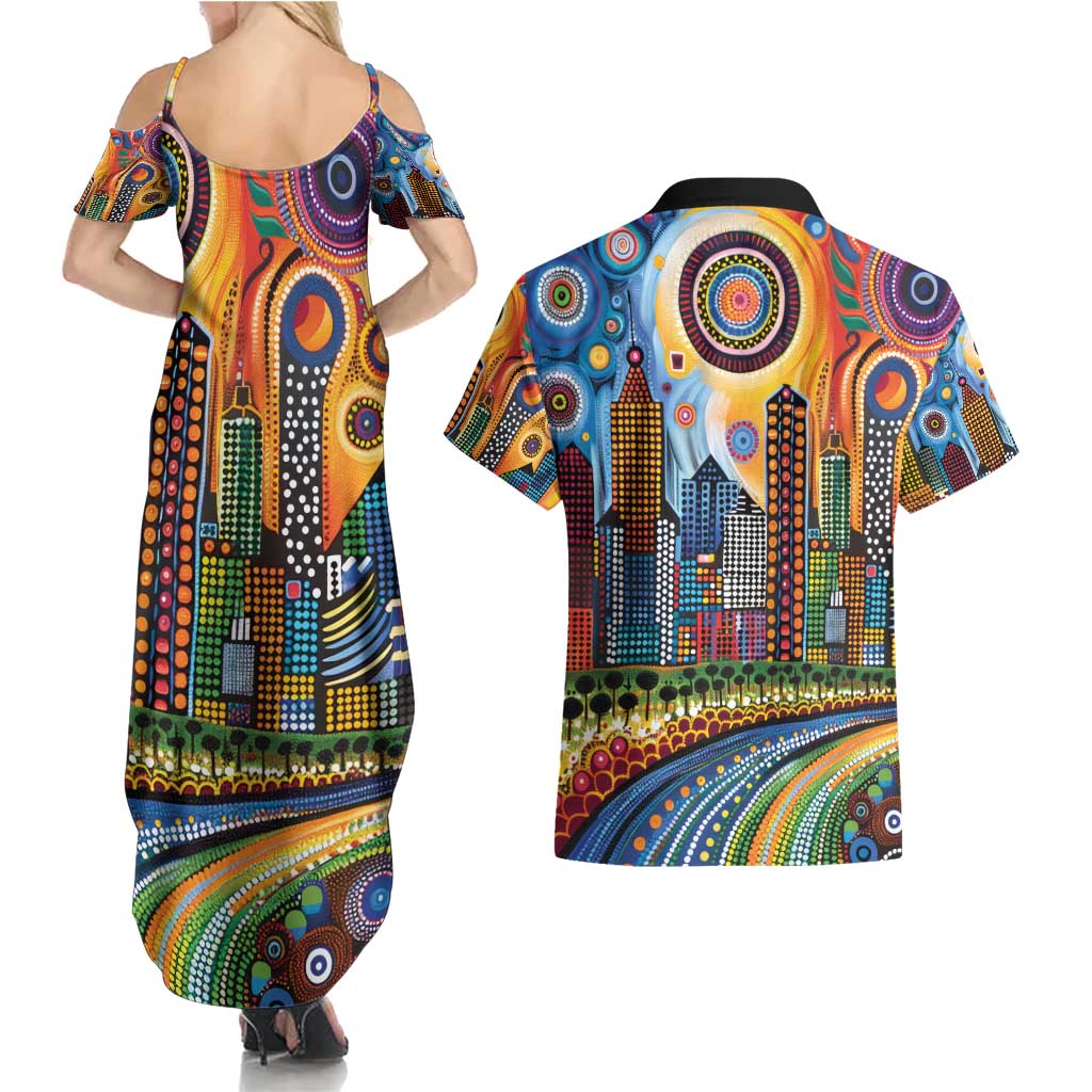 The Gold Coast Queensland Couples Matching Summer Maxi Dress and Hawaiian Shirt Australian Landscapes Aboriginal Dot Painting