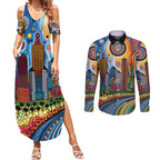 The Gold Coast Queensland Couples Matching Summer Maxi Dress and Long Sleeve Button Shirt Australian Landscapes Aboriginal Dot Painting