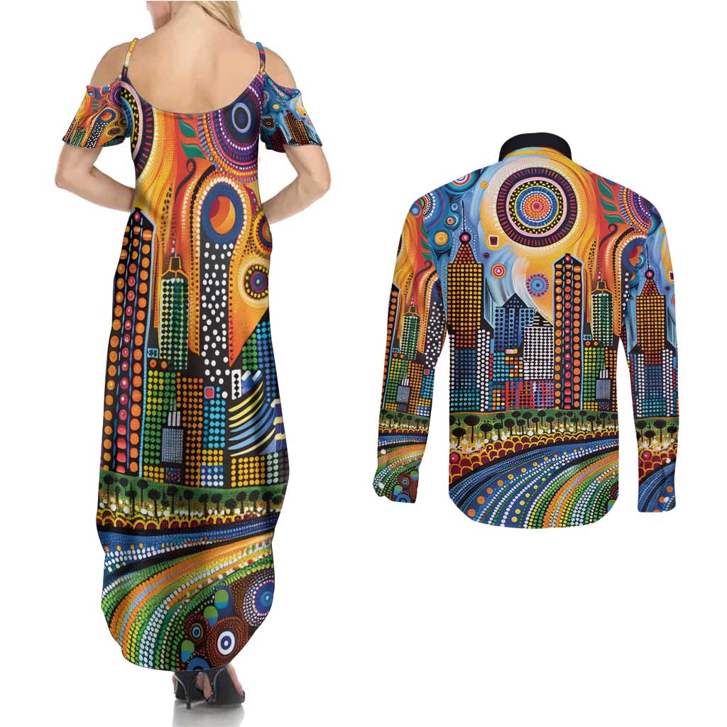 The Gold Coast Queensland Couples Matching Summer Maxi Dress and Long Sleeve Button Shirt Australian Landscapes Aboriginal Dot Painting