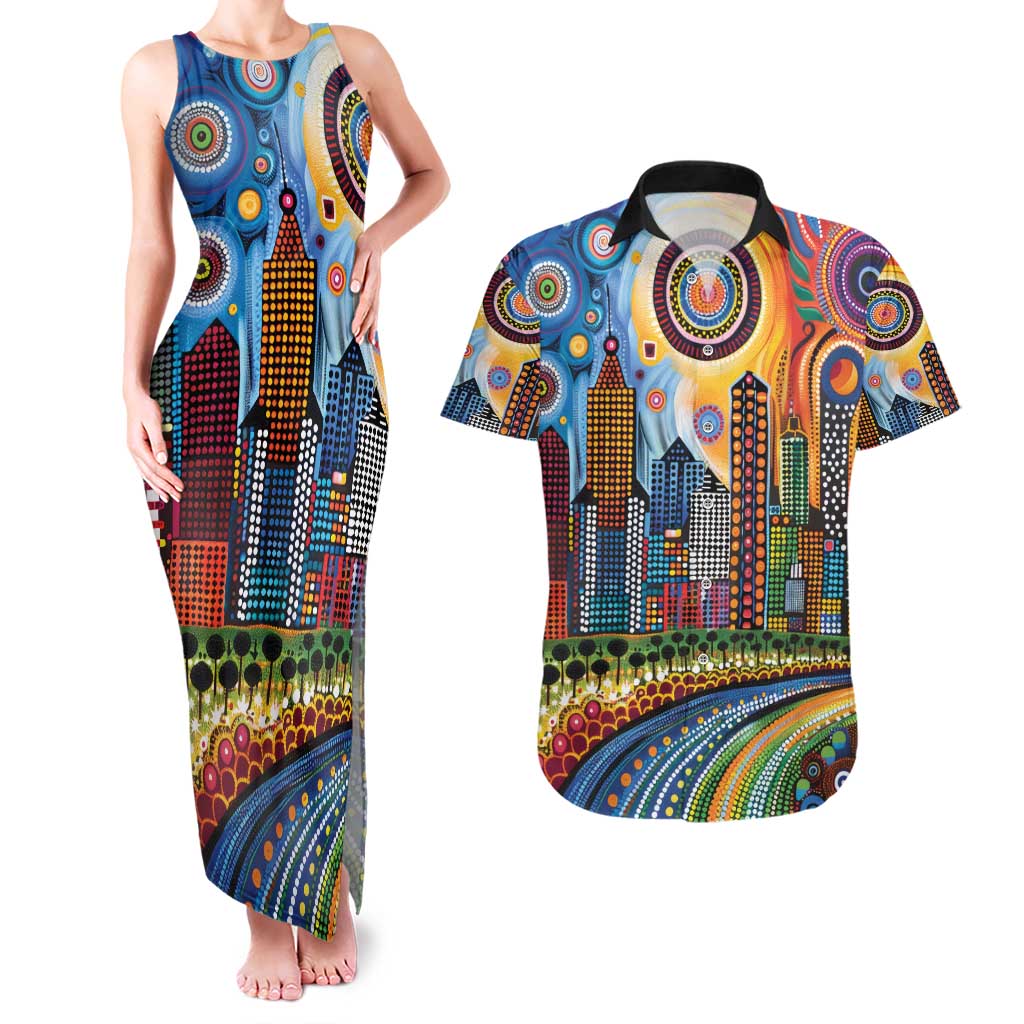 The Gold Coast Queensland Couples Matching Tank Maxi Dress and Hawaiian Shirt Australian Landscapes Aboriginal Dot Painting