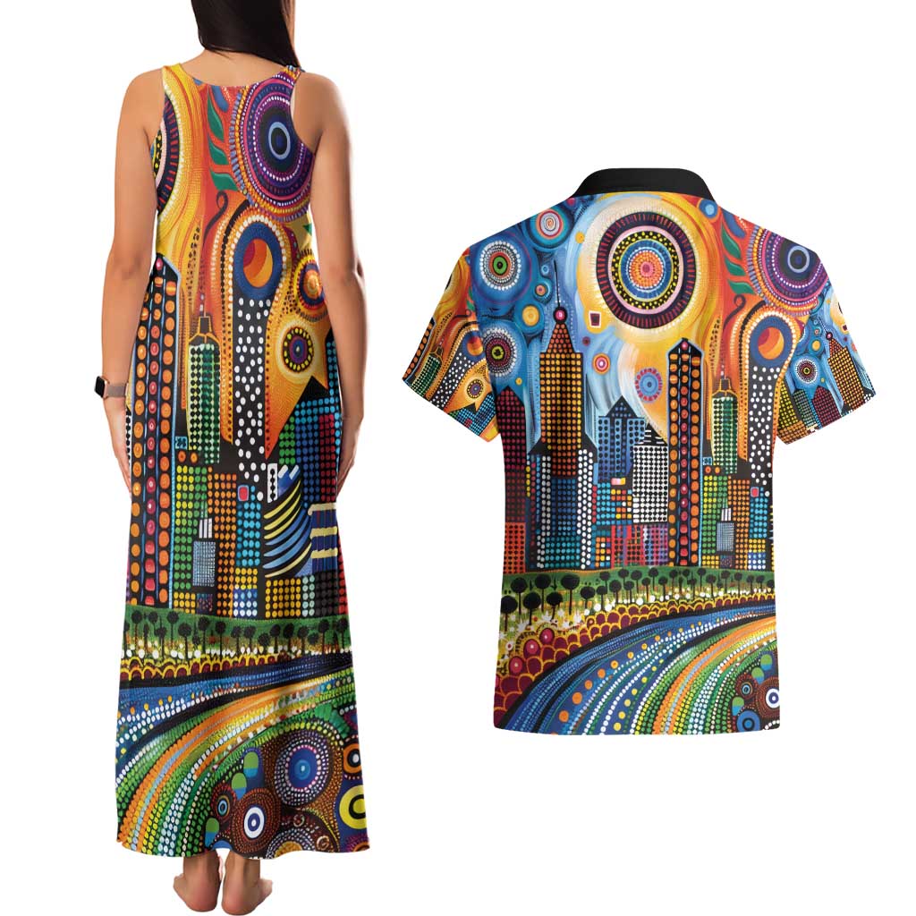 The Gold Coast Queensland Couples Matching Tank Maxi Dress and Hawaiian Shirt Australian Landscapes Aboriginal Dot Painting