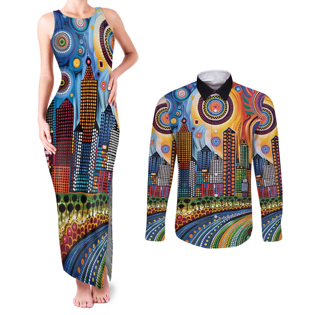 The Gold Coast Queensland Couples Matching Tank Maxi Dress and Long Sleeve Button Shirt Australian Landscapes Aboriginal Dot Painting