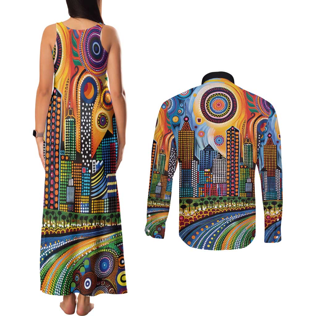 The Gold Coast Queensland Couples Matching Tank Maxi Dress and Long Sleeve Button Shirt Australian Landscapes Aboriginal Dot Painting