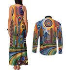 The Gold Coast Queensland Couples Matching Tank Maxi Dress and Long Sleeve Button Shirt Australian Landscapes Aboriginal Dot Painting