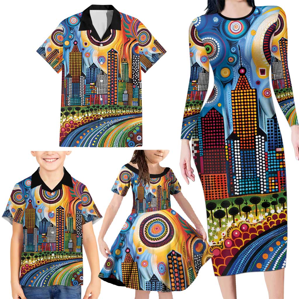 The Gold Coast Queensland Family Matching Long Sleeve Bodycon Dress and Hawaiian Shirt Australian Landscapes Aboriginal Dot Painting