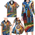 The Gold Coast Queensland Family Matching Long Sleeve Bodycon Dress and Hawaiian Shirt Australian Landscapes Aboriginal Dot Painting
