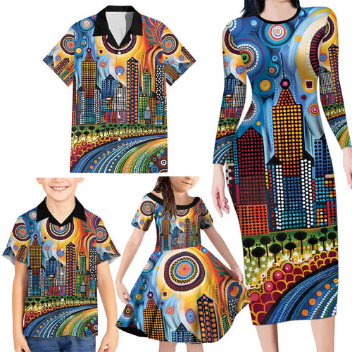 The Gold Coast Queensland Family Matching Long Sleeve Bodycon Dress and Hawaiian Shirt Australian Landscapes Aboriginal Dot Painting