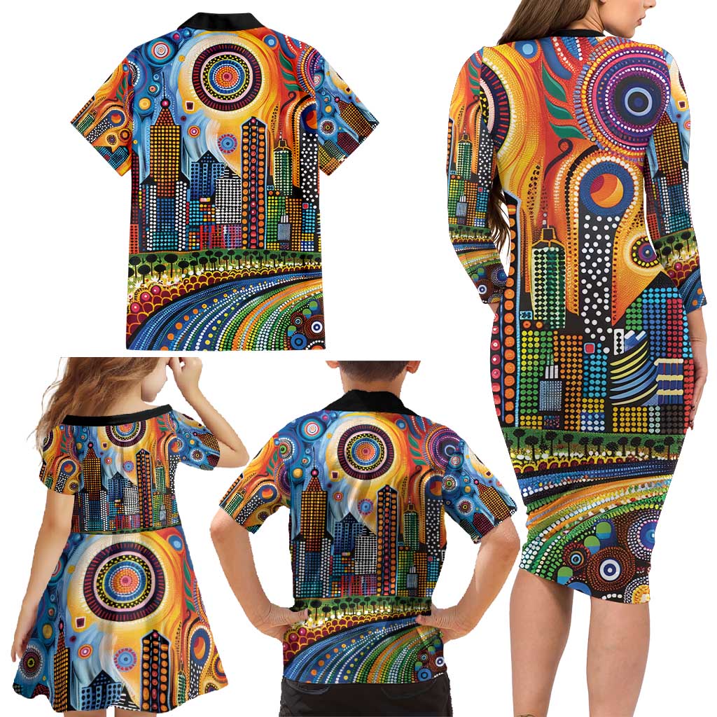 The Gold Coast Queensland Family Matching Long Sleeve Bodycon Dress and Hawaiian Shirt Australian Landscapes Aboriginal Dot Painting