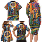 The Gold Coast Queensland Family Matching Long Sleeve Bodycon Dress and Hawaiian Shirt Australian Landscapes Aboriginal Dot Painting