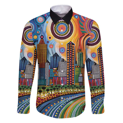 The Gold Coast Queensland Family Matching Long Sleeve Bodycon Dress and Hawaiian Shirt Australian Landscapes Aboriginal Dot Painting