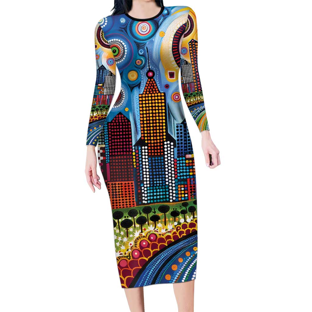 The Gold Coast Queensland Family Matching Long Sleeve Bodycon Dress and Hawaiian Shirt Australian Landscapes Aboriginal Dot Painting