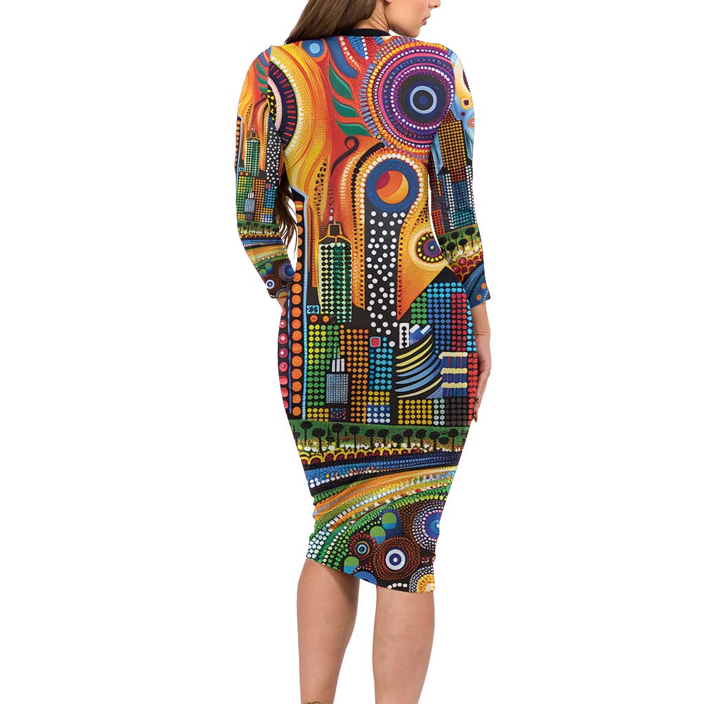 The Gold Coast Queensland Family Matching Long Sleeve Bodycon Dress and Hawaiian Shirt Australian Landscapes Aboriginal Dot Painting