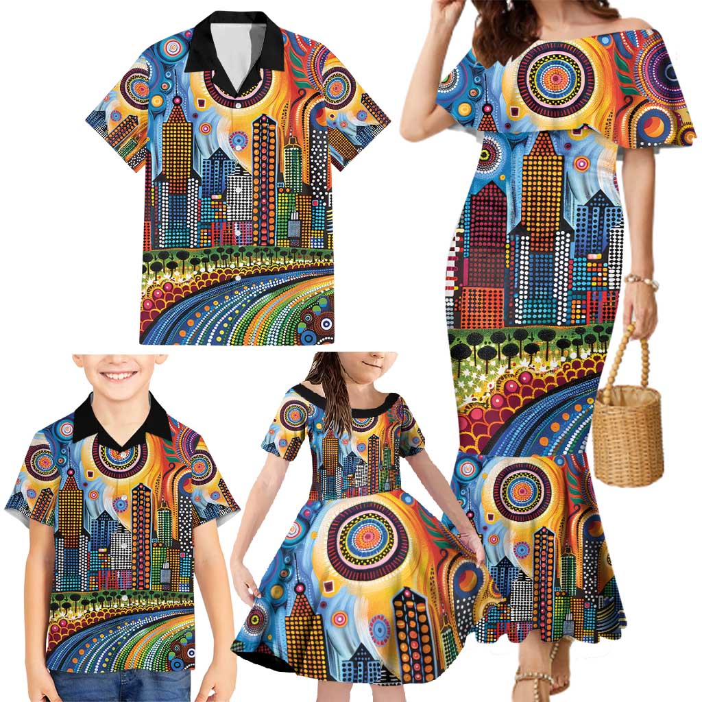 The Gold Coast Queensland Family Matching Mermaid Dress and Hawaiian Shirt Australian Landscapes Aboriginal Dot Painting