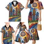 The Gold Coast Queensland Family Matching Mermaid Dress and Hawaiian Shirt Australian Landscapes Aboriginal Dot Painting