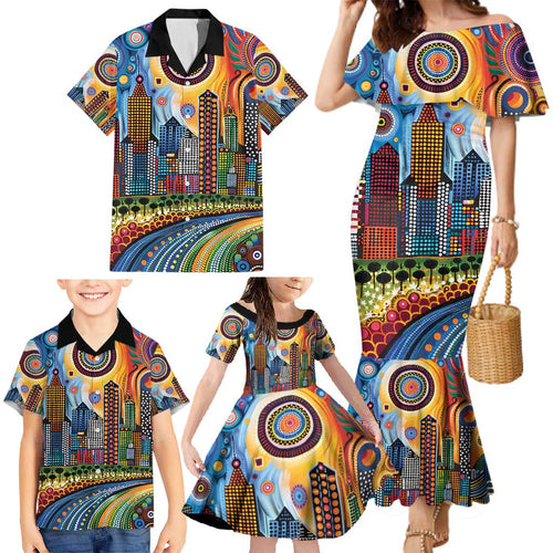 The Gold Coast Queensland Family Matching Mermaid Dress and Hawaiian Shirt Australian Landscapes Aboriginal Dot Painting
