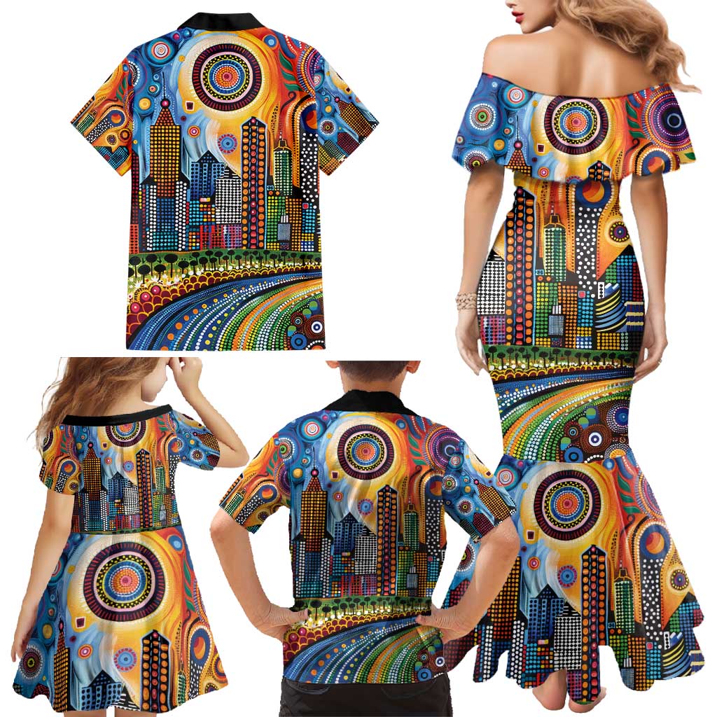 The Gold Coast Queensland Family Matching Mermaid Dress and Hawaiian Shirt Australian Landscapes Aboriginal Dot Painting