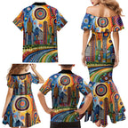 The Gold Coast Queensland Family Matching Mermaid Dress and Hawaiian Shirt Australian Landscapes Aboriginal Dot Painting