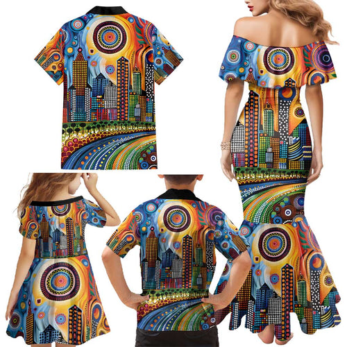 The Gold Coast Queensland Family Matching Mermaid Dress and Hawaiian Shirt Australian Landscapes Aboriginal Dot Painting