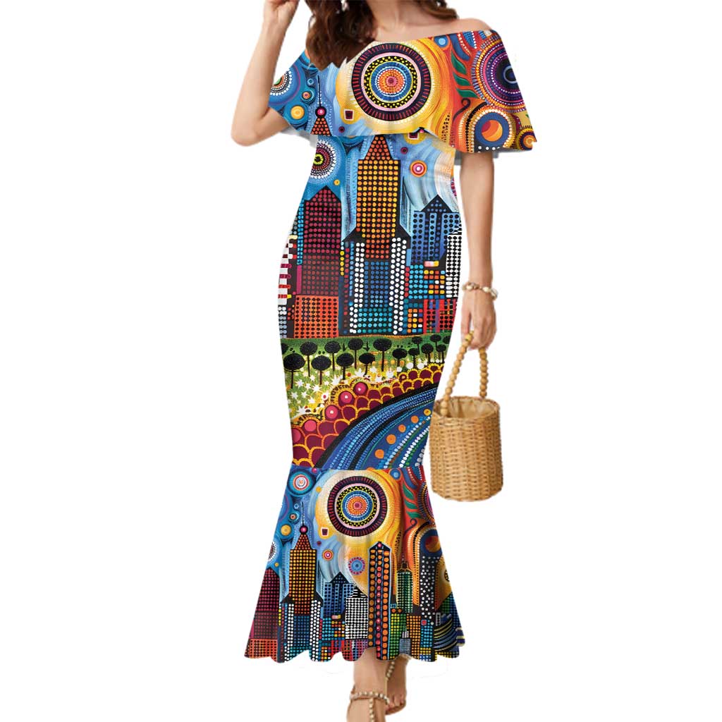 The Gold Coast Queensland Family Matching Mermaid Dress and Hawaiian Shirt Australian Landscapes Aboriginal Dot Painting
