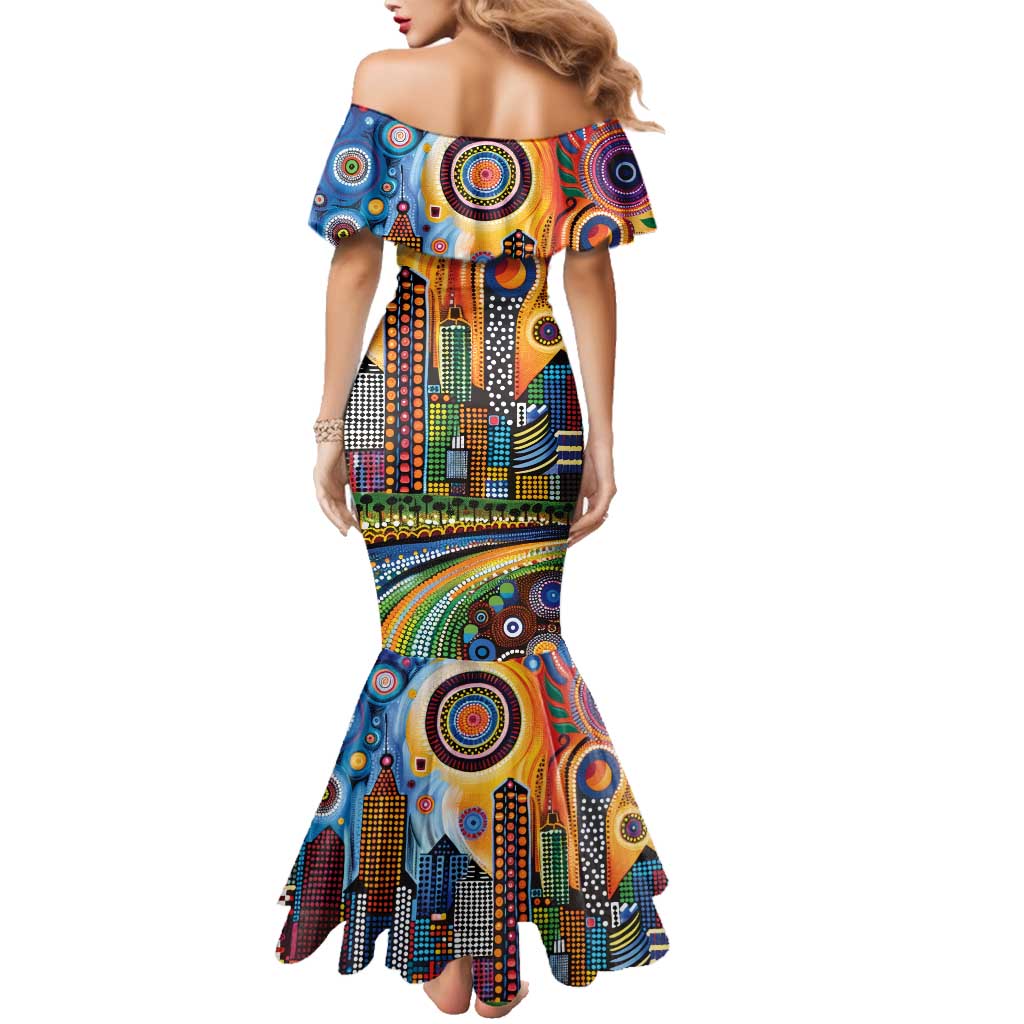 The Gold Coast Queensland Family Matching Mermaid Dress and Hawaiian Shirt Australian Landscapes Aboriginal Dot Painting