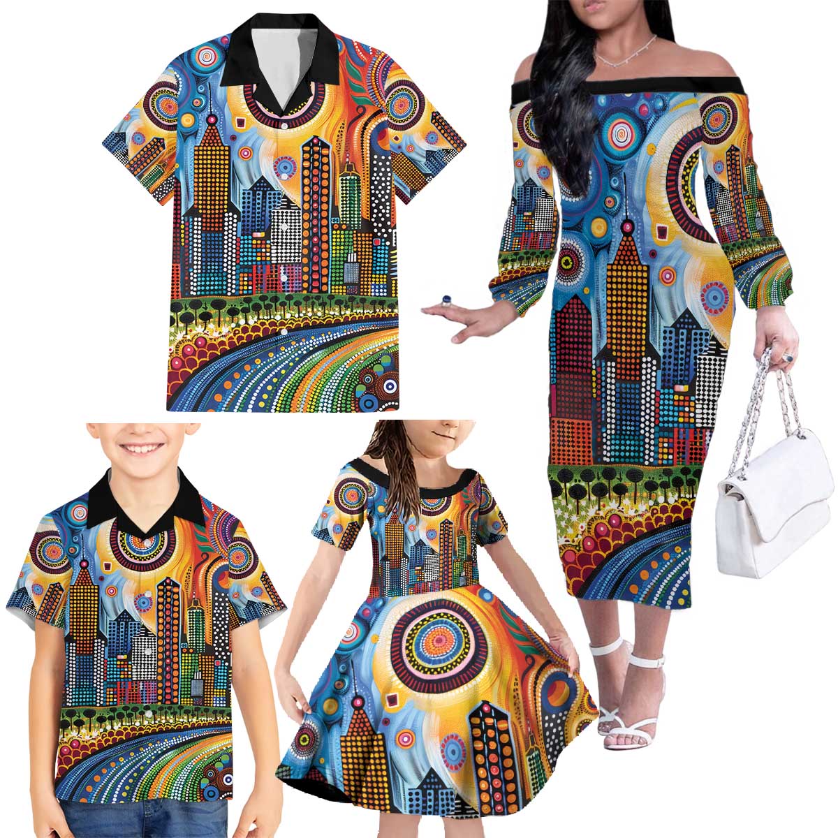 The Gold Coast Queensland Family Matching Off The Shoulder Long Sleeve Dress and Hawaiian Shirt Australian Landscapes Aboriginal Dot Painting