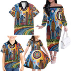 The Gold Coast Queensland Family Matching Off The Shoulder Long Sleeve Dress and Hawaiian Shirt Australian Landscapes Aboriginal Dot Painting